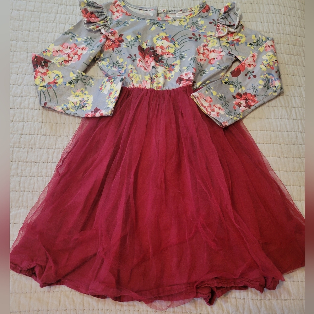 Floral Long Sleeve Dress with Burgundy Skirt Girls Size 120